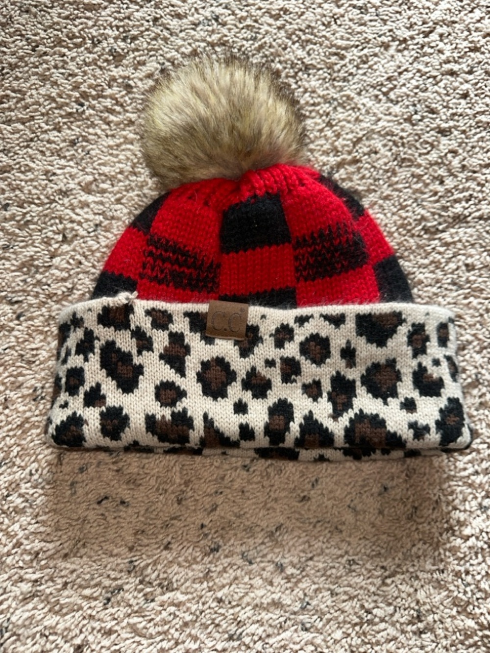 C.C Leopard Cuff Beanie with Red Buffalo Plaid & Pom